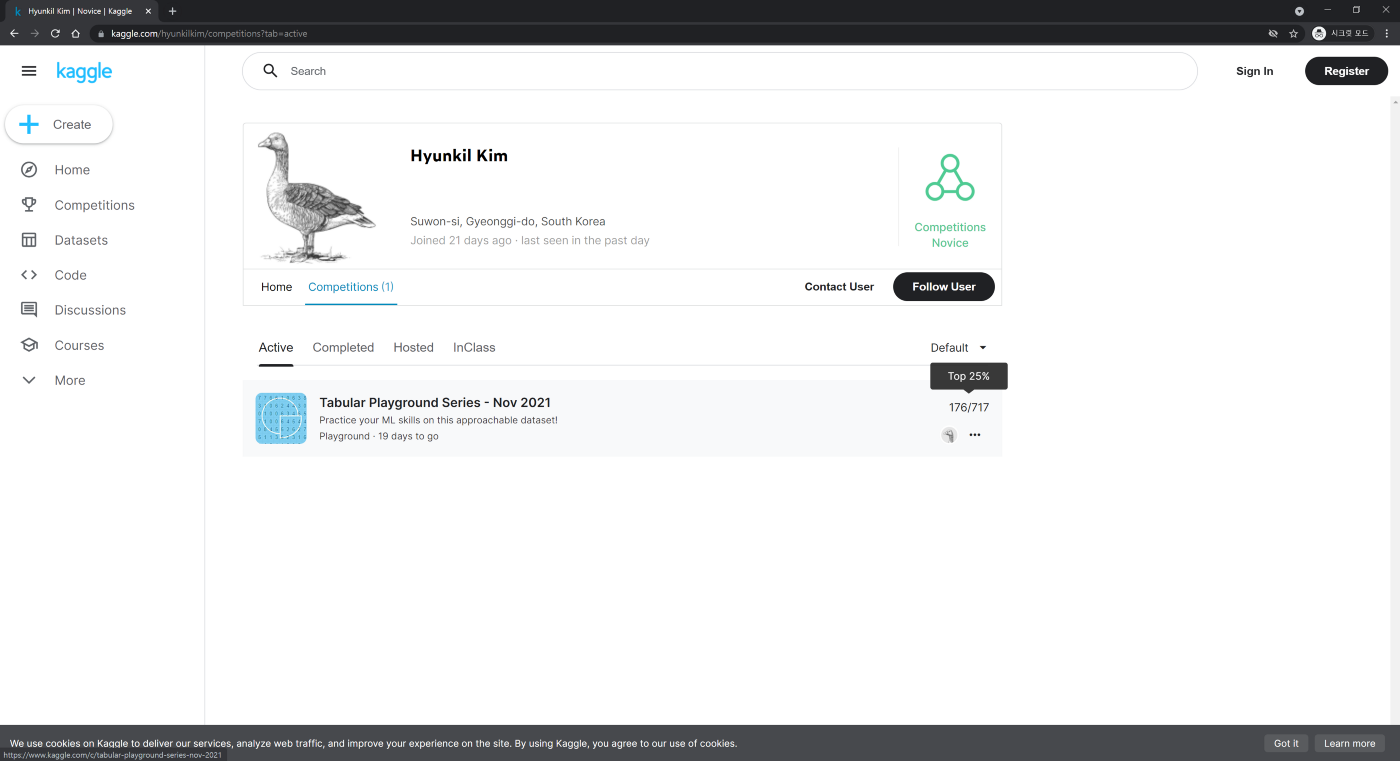 Image of duck shown as Hyunkil Kim's profile picture on the Kaggle dashboard