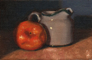 Oil painting of a mandarine beside a small white porcelain milk jug.