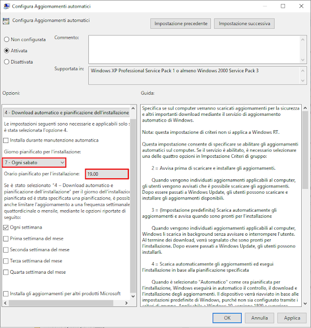 Configura Aggiornamenti automatici, Giorno ed ora