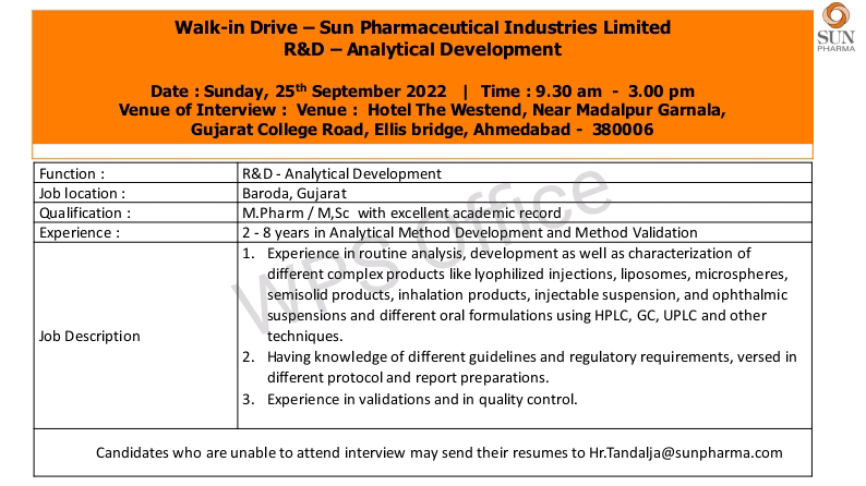 Job Available's for Sun Pharmaceutical Industries Ltd Walk-In Interview for R&D - Analytical Development