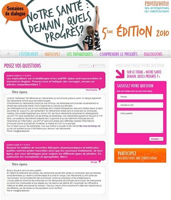 Semaines du Dialogue - 5ème édition 2010, à partir du 11 octobre - sur santedemain.org : Les entreprises du médicament (Leem) répondent aux questions des internautes sur le thème :  notre santé : demain, quels progrès ?