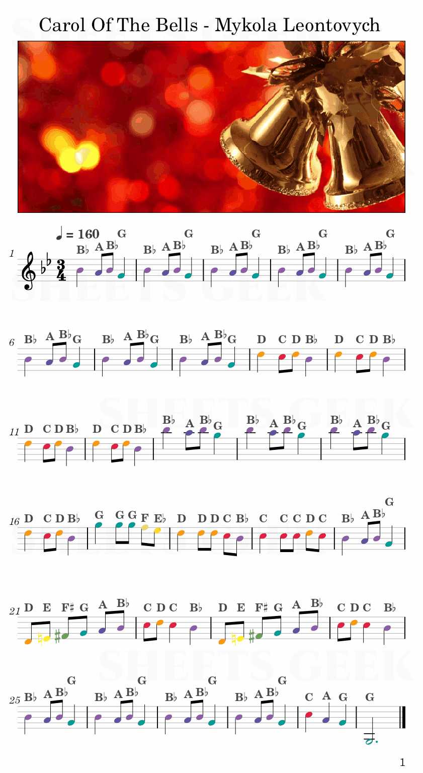 Carol Of The Bells - Mykola Leontovych Easy Sheet Music Free for piano, keyboard, flute, violin, sax, cello page 1