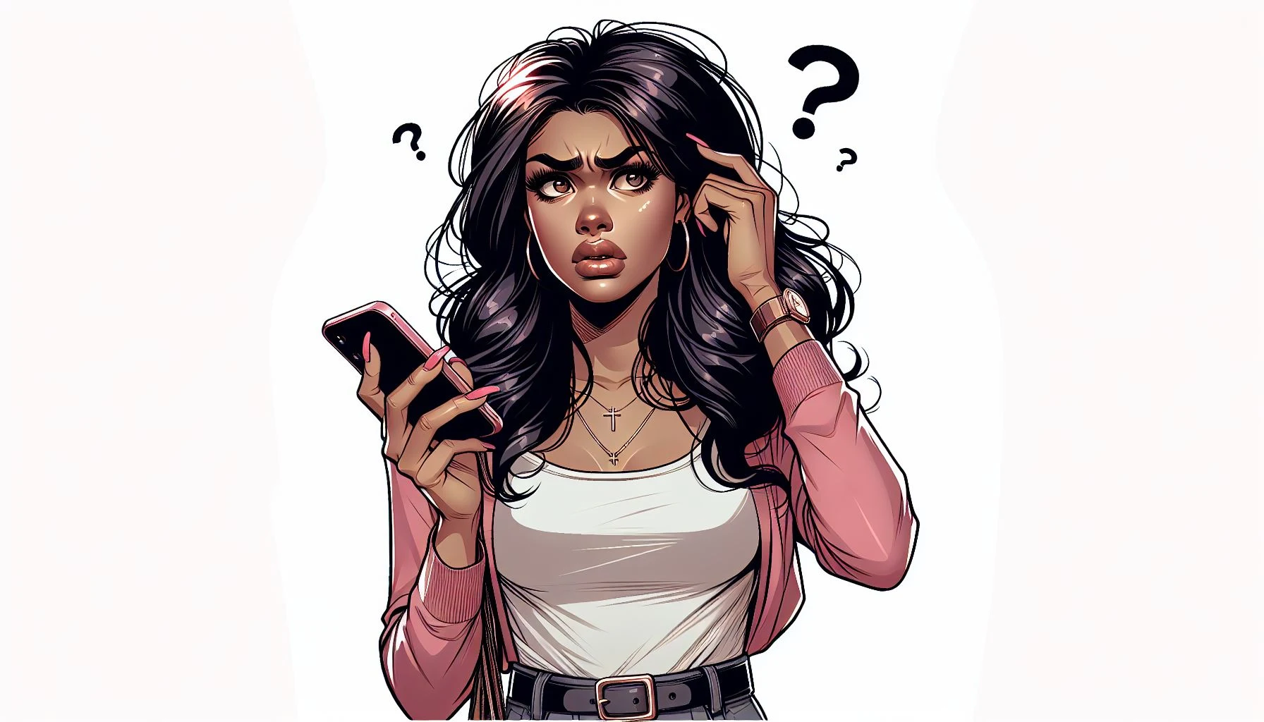 Woman with phone looking confused