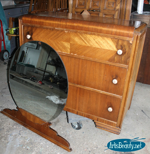 old wood waterfall dresser makeover with round mirror