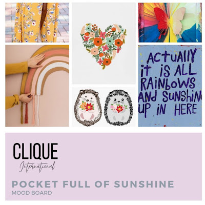 Clique International Mood Board with Rainbow, Flowers, Hearts, Butterfly, and Hedgehogs