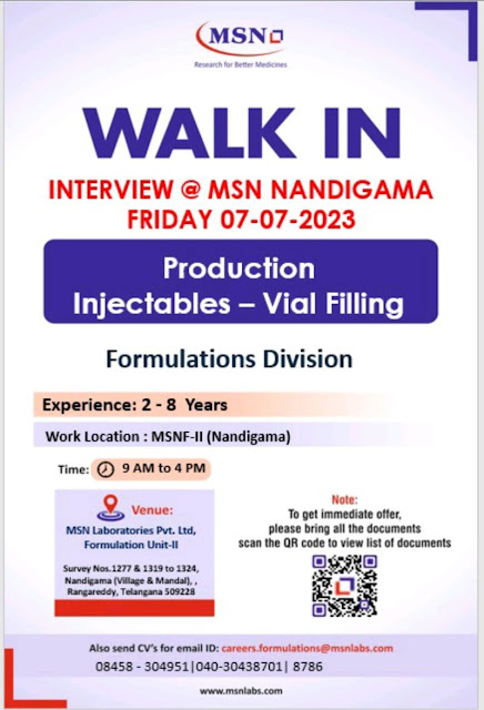 MSN Laboratories Walk In Interview For Production Injectables - Vial Filling