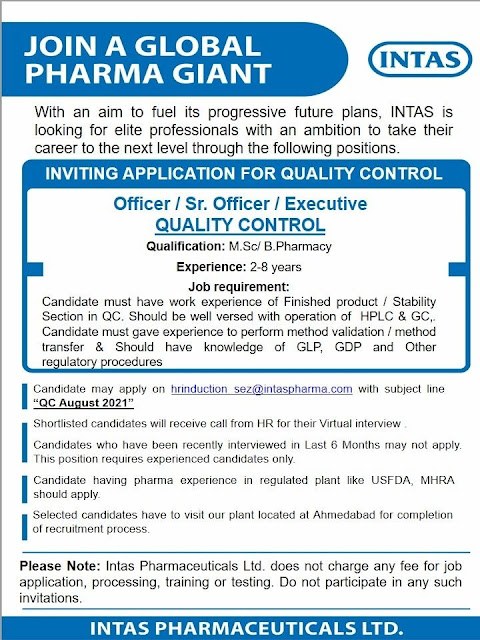 Job Availables, Intas Pharmaceuticals Job Vacancy for Quality Control Dept