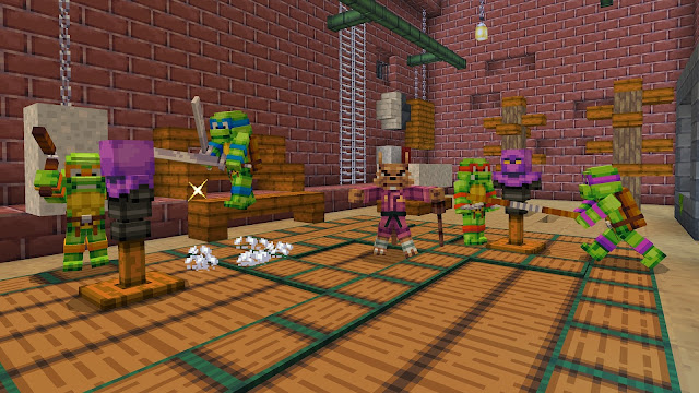 A screenshot from the TMHT DLC, depicting the Turtles training in their sewer dojo!