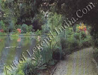The water garden, At the foot of the gently sloping flower garden, Monet created a beautiful water garden in the Japanese style. He enlarged a small pond by diverting the tiny River Ru into the garden, then filled the pool with aquatic plants and waterlilies. 