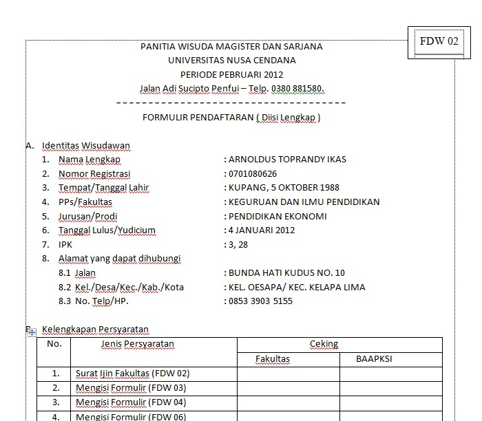 Contoh Formulir Wisuda Universitas Nusa Cendana | IKASMEDIA