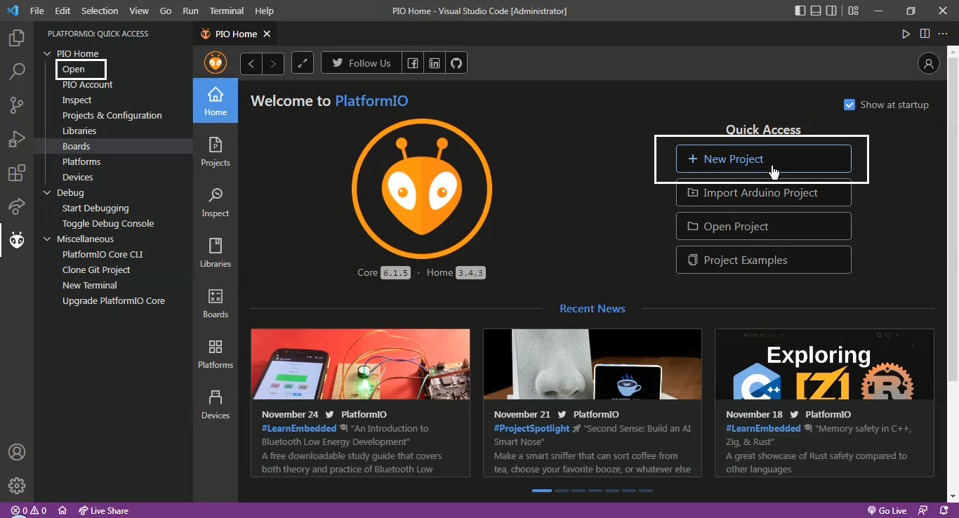 new platformio project