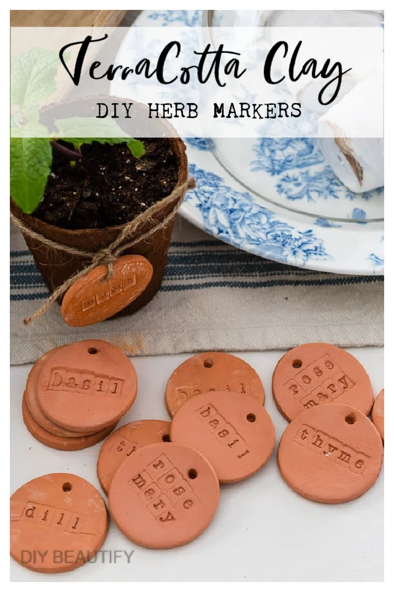 round air dry clay stamped herb markers, mini pots filled with garden herbs