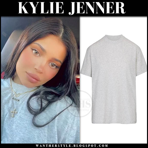 Kylie Jenner in grey t-shirt from Skims