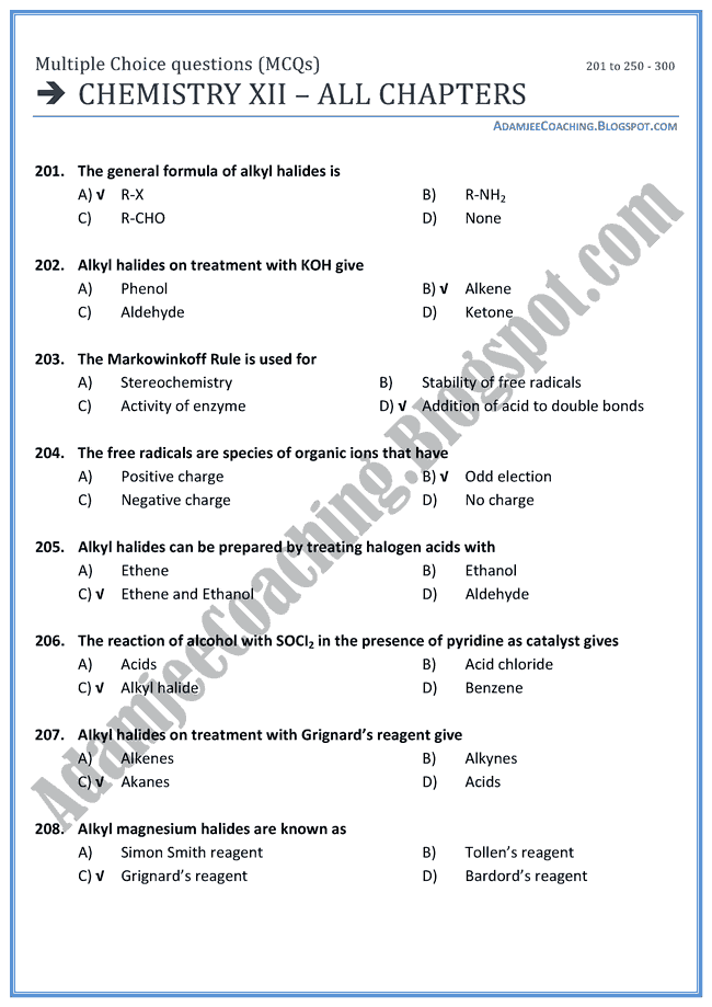 Chemistry Mcqs XII - All Chapters - 300 Mcqs