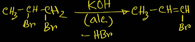 1,2-dibromo propane( CH₃-CH(Br)CH₂Br) reacts with (alc)KOH and produce 1-bromo propene-1(CH₃-CH=CH-Br).