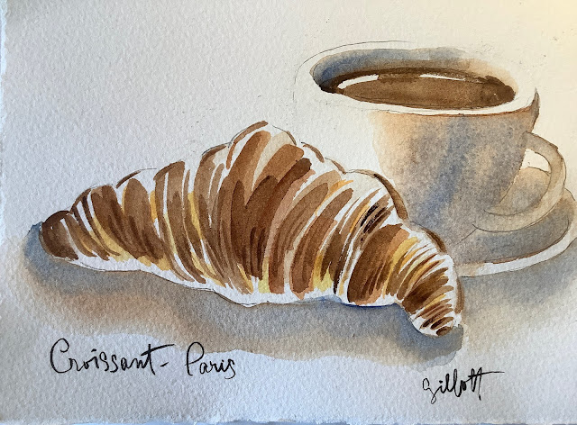 Watercolor of croissant and cup of coffee