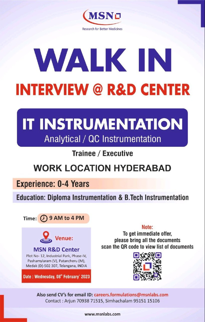 Job Availables, Diploma Instrumentation/ B.Tech Instrumentation Walk In Interview For Fresher At MSN
