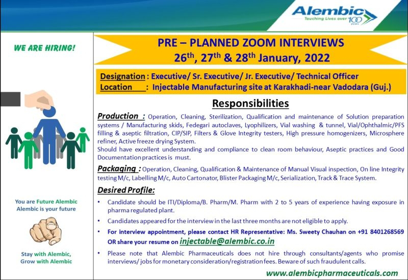 Job Availables,Alembic Pharmaceuticals Job Vacancy For B.Pharm/ M.Pharm/ ITI/ Diploma