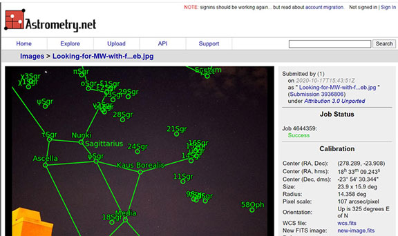 Just checking astrometry for the search for Milky Way image (Source: Palmia Observatory)