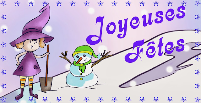 Une sorcière et un bonhomme de neige pour vous souhaitez de joyeuses fêtes de fin d'année. Illustration numérique de Florence Gobled, auteur de livres pour enfant et illustrateur jeunesse à Autun en Bourgogne