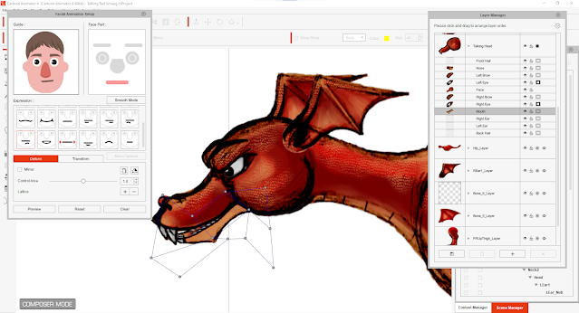 Most of the Dragon's face sprites were derived from the original head. I only had to create a mouth interior for the lower jaw. Here You can see how the Facial Animation Setup window uses deforms to get more expression into character faces.