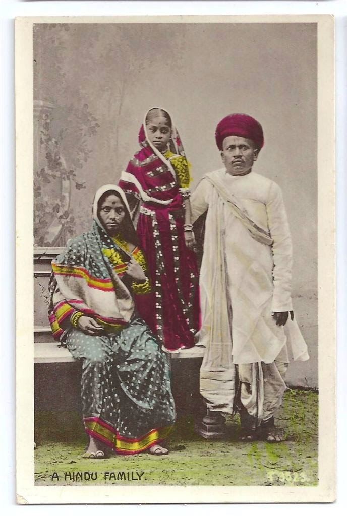 A Hindu Family - Hand Coloured Post Card c1910-20's