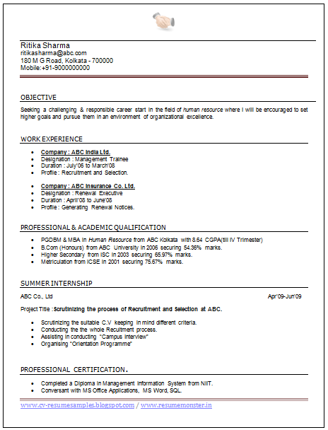 Download Now MBA HR Resume Sample