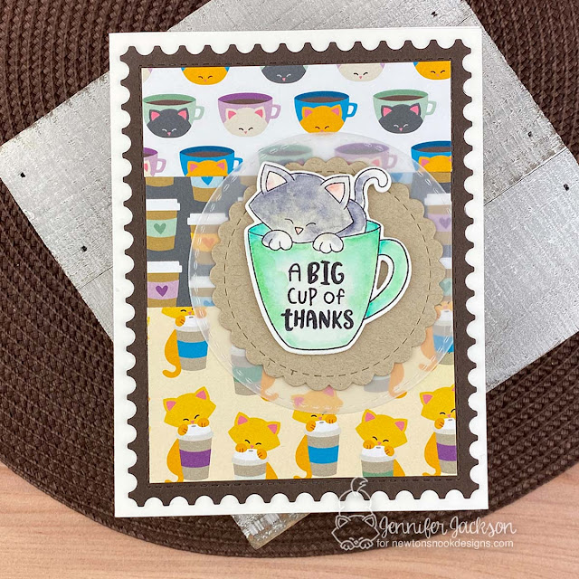 A Coffee Filled Thank You Card by Jennifer Jackson | Newton's Mug Stamp Set, Coffee House Stories Paper Pad, and Framework and Circle Frames Die Sets by Newton's Nook Designs #newtonsnook #handmade