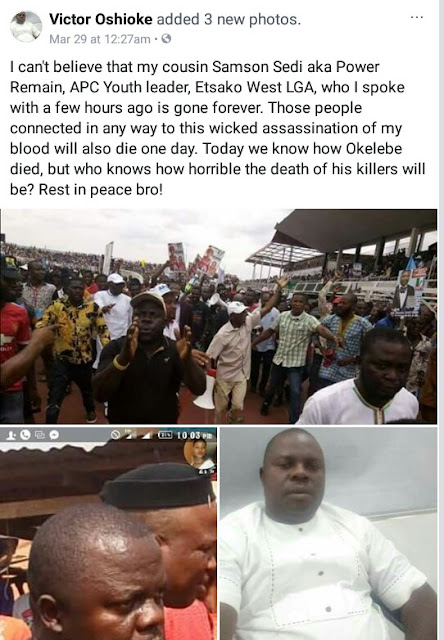  Photos: APC youth leader shot dead by suspected armed robbers while attempting to rescue female petrol station attendant in Edo State