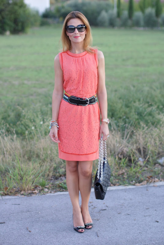 apricot lace dress, Miu Miu shoes