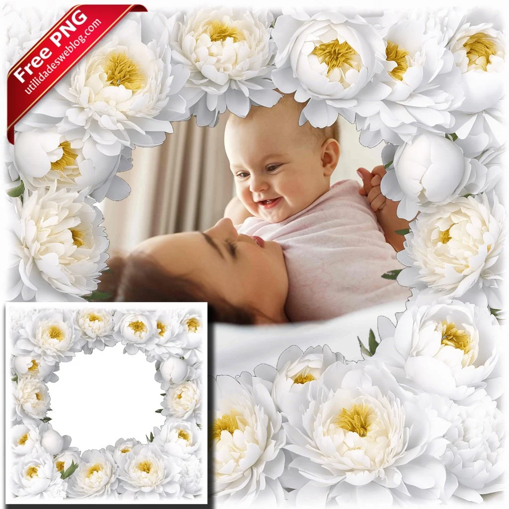 marco para fotos con flores de peonias blancas en png con fondo transparente para descargar gratis