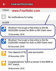 Dream11 free entry notification