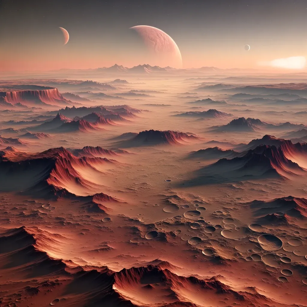 La imagen muestra un impresionante y detallado paisaje de Marte, destacando su característica superficie polvorienta de color rojo bajo una atmósfera delgada y brumosa. En primer plano, se aprecia una compleja red de cañones profundos y grandes cráteres, evidencia del pasado geológico volátil del planeta. Dispersas a lo largo del terreno árido, hay manchas de roca basáltica oscura que contrastan con el suelo rico en óxido de hierro, otorgando a Marte su distintivo color rojizo. A lo lejos, montañas volcánicas imponentes, incluyendo una representación detallada de Olympus Mons, el volcán más alto del sistema solar, se elevan majestuosamente contra el horizonte. El cielo, de un tenue tono rosado debido a la dispersión de la luz solar por la delgada atmósfera marciana, transita suavemente hacia la oscuridad del espacio, donde se pueden ver, aunque apenas perceptibles, Fobos y Deimos, las irregulares lunas de Marte.