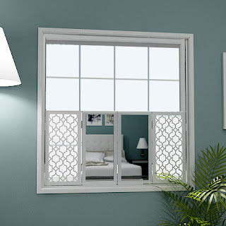 Cafe style mirror shutters with moroccan grilles