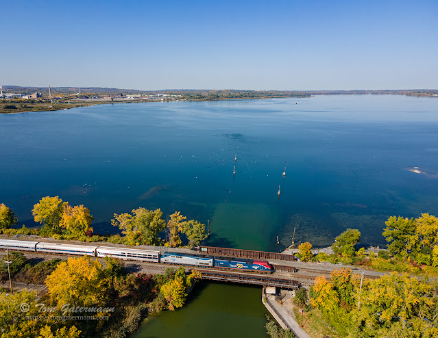 Amtrak's Lake Shore Limited crosses, eastbound, over Onondaga Creek at the southern end of Onondaga Lake.