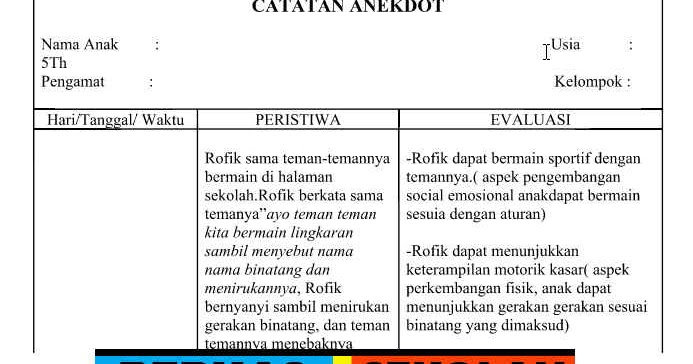 Contoh Catatan ANEKDOT PAUD, KOBER, TK dan TPA Format Word 