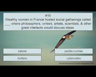 Wealthy women in France hosted social gatherings called ___ where philosophers, writers, artists, scientists, & other great intellects would discuss ideas. Answer choices include: salons, pecha cuchas, twitters, cybercafes