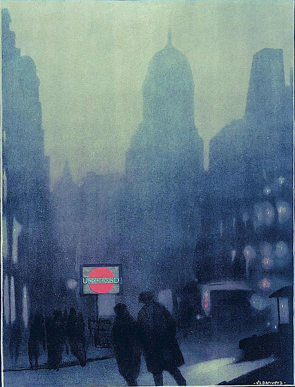 a Verney L. Danvers 1924 poster illustration of a London subway eantrance at foggy night