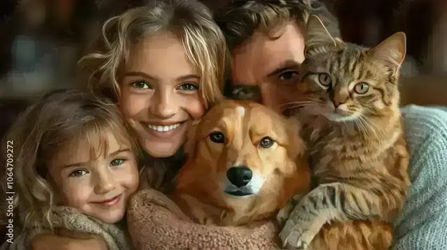 Family with pets enjoying outdoor happiness and health