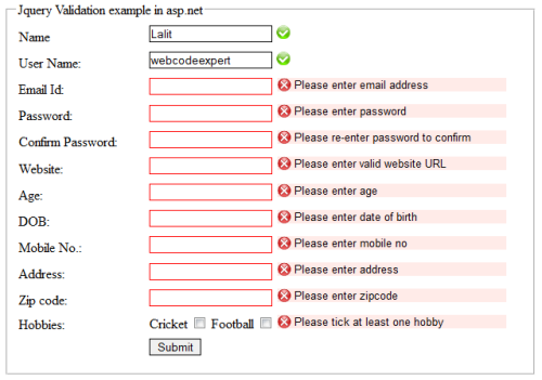 Example To Implement Jquery Form Validations In Asp Net C Vb Net Asp Net C Net Vb Net Mvc Jquery Javascipt Ajax Wcf Sql Server Example