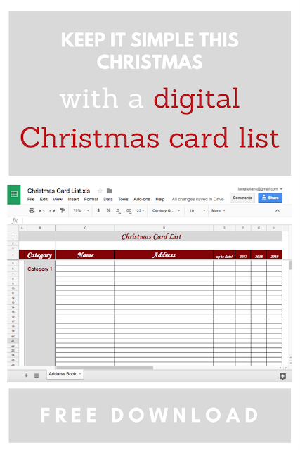 Keep it simple this Christmas with a digital Christmas card list. Free download is available through Google Sheets or save it on your desktop as an Excel Spreadsheet file. This will make sending out Christmas cards easy and fun for you this year!