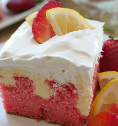 STRAWBERRY LEMONADE CREAM CHEESE POKE CAKE