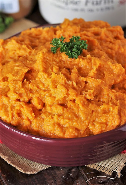 Maple Mashed Sweet Potatoes in Serving Dish Image