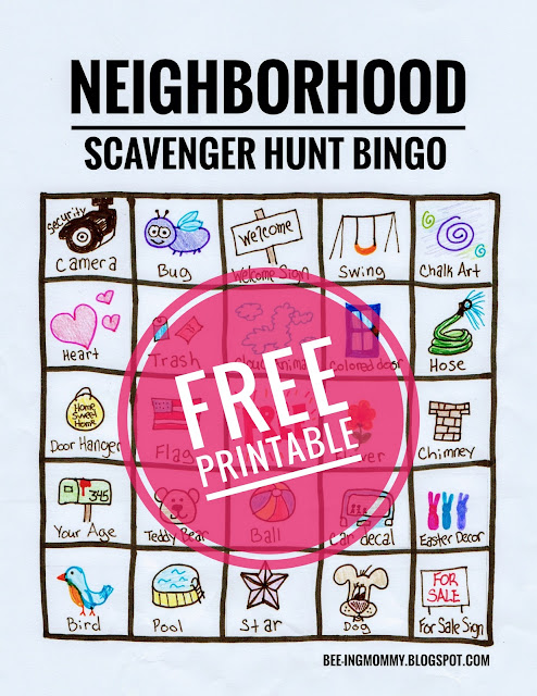 scavenger hunt, bingo, neighborhood scavenger hunt, neighborhood scavenger hunt bingo, DIY scavenger hunt, nature bingo, family fun, children activity, outside activity, free printable, printable scavenger hunt, printable kids activity