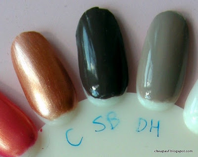 e.l.f. Essential Nail Polish swatches (left to right):  Copper, Smoky Brown, Desert Haze