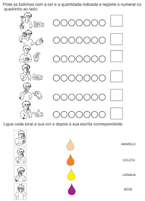 pinte as bolinhas com a cor e a quantidade indicada e registre o numeral no quadrinho ao lado