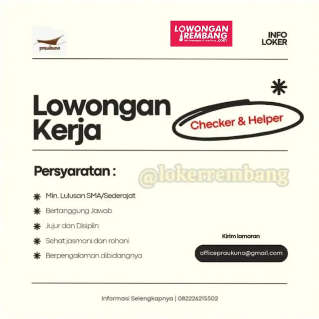 2 Lowongan Kerja Pegawai Helper dan Checker Restoran Praukuno Rembang