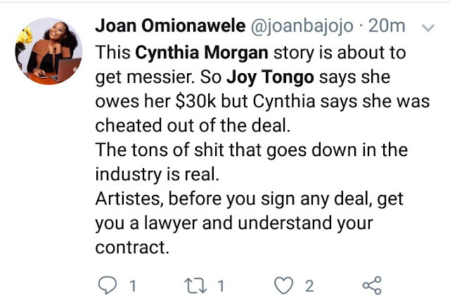 Cynthia Morgan's former manager, Joy Tongo accuses her of owing her and Jude Okoye