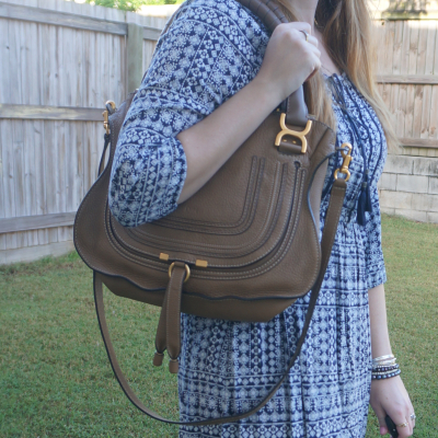 blue printed dress, Chloe Marcie medium shoulder bag in nut | awayfromtheblue