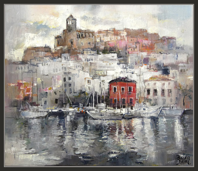 IBIZA-EIVISSA-PINTURA-PUERTO-PAISAJES-MARINA-ATARDECER-BARCOS-REFLEJOS-MAR-PINTOR-ERNEST DESCALS-